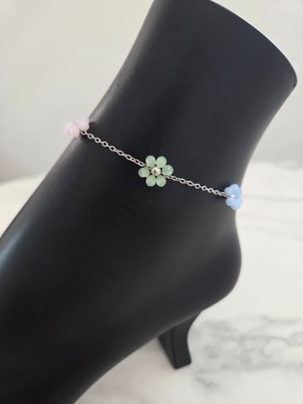 Dainty Pastel Flower Anklet Silver Tone Pink Blue Green Floral Ankle Bracelet - Picture 5 of 17